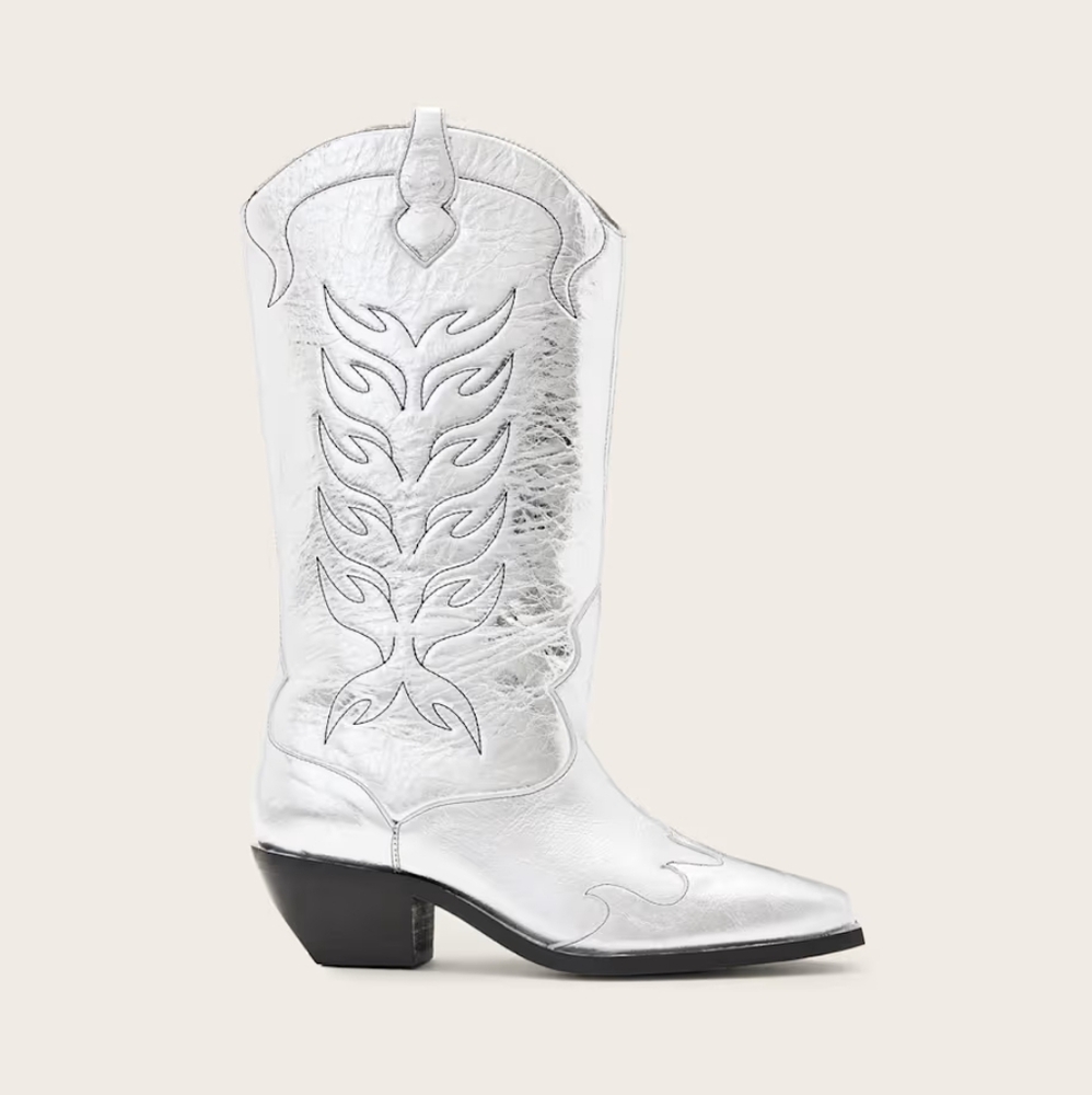 All Saints Silver Metallic Leather Western Cowboy Boots